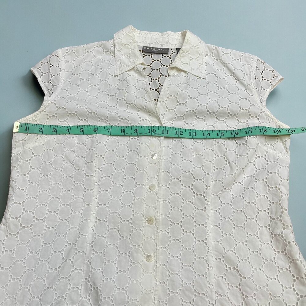 Kate Hill 14P Petite White Eyelet Lined Short Sleeve Button-Front Blouse - Picture 7 of 10